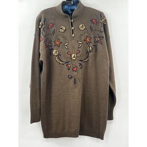 Escada Vintage Brown Wool Tunic Sweater Embroidered Floral Velvet 34 Small M